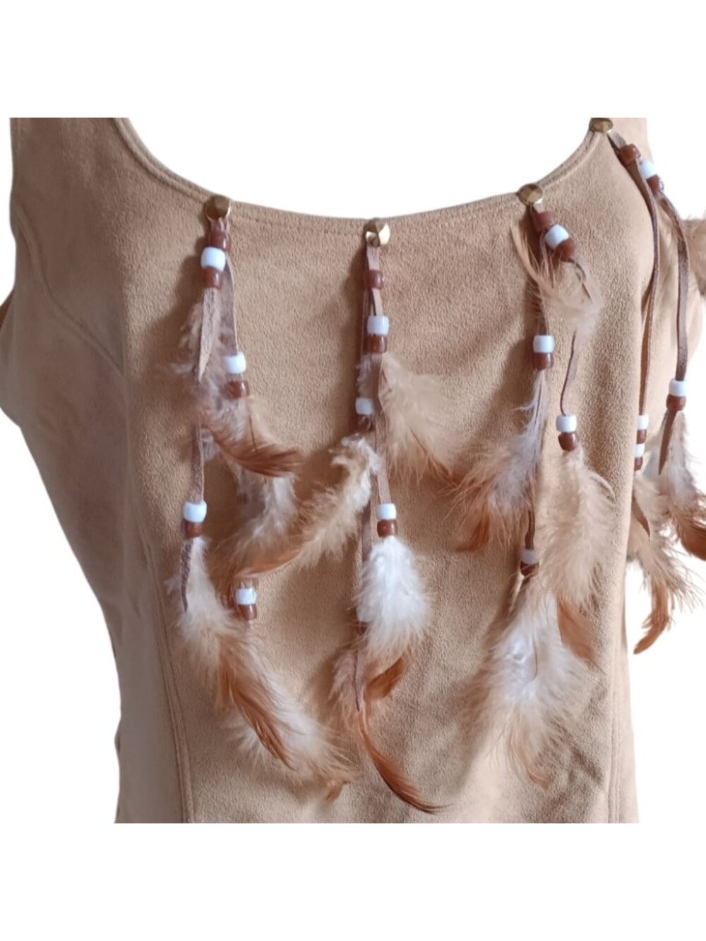 Hippy Mama Vintage Tank Top Medium Boho Beige Sleeveless Beaded Feather cropped - Picture 2 of 5